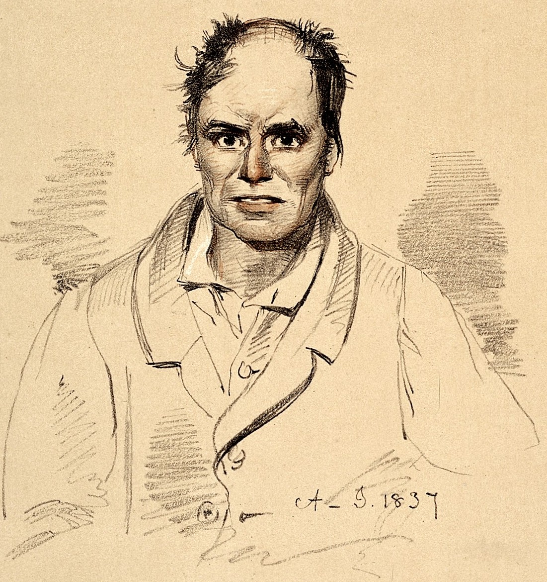 A pencil-and-crayon sketch of a weary balding man staring past the viewer, signed 1837, 1837
