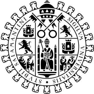 The seal of the University of Salamanca, a quartered shield with lion, castle and bishop within a fluted disc and the motto Sigillum Universitatis Studii Salamantini, 1218
