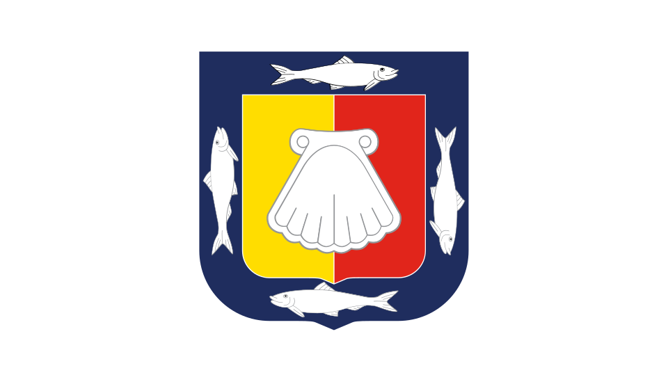 The coat of arms of Baja California Sur, a white conch on a yellow and red field ringed by four leaping fish, 1976