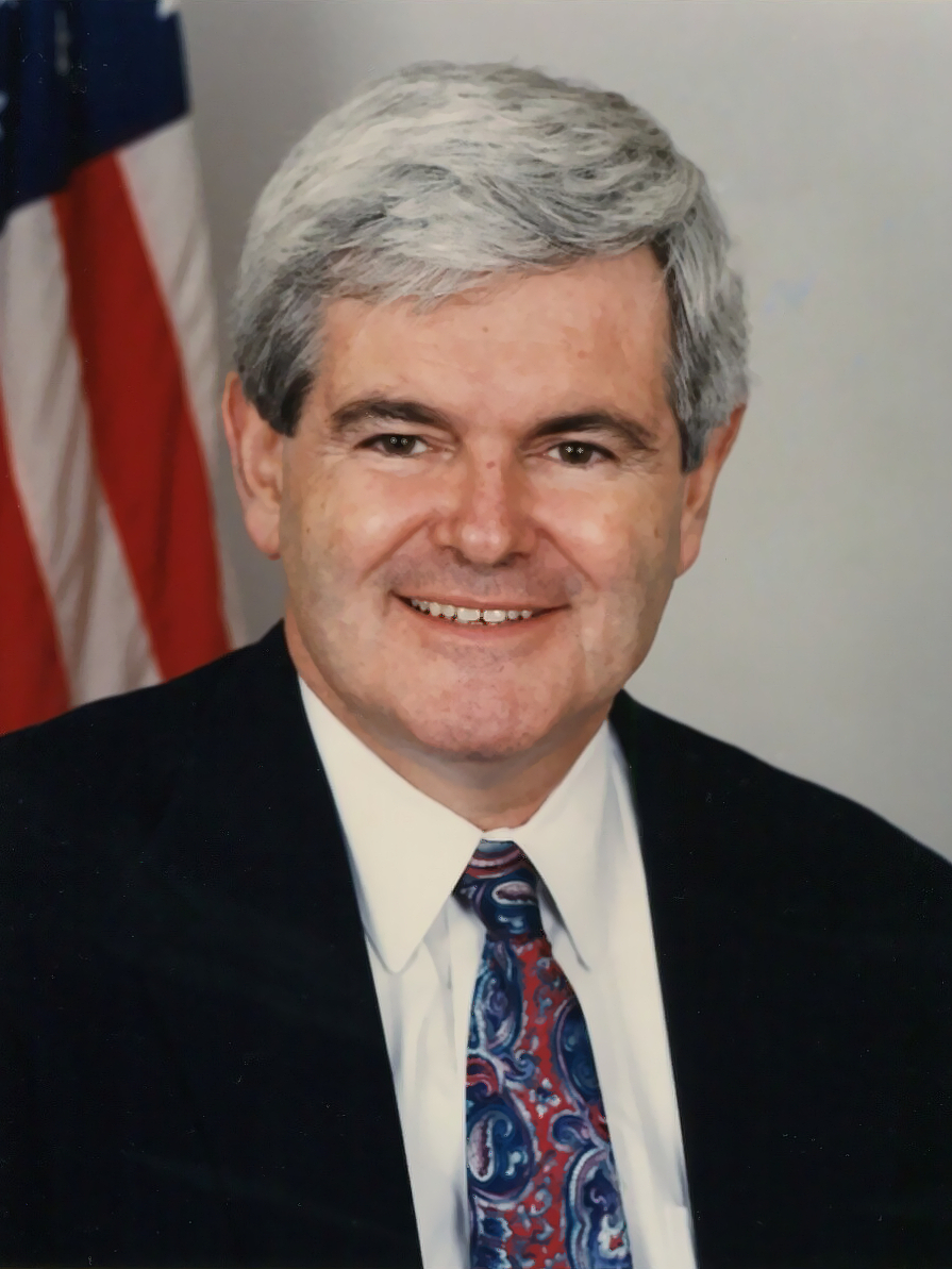 Newt Gingrich smiling in an official Speaker of the House portrait, silver hair over a red-and-blue paisley tie under a dark suit against the US flag, 1995
