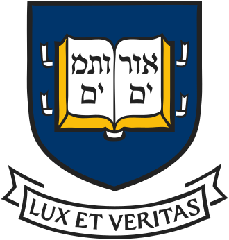 The shield of Yale University, an open book inscribed with Hebrew letters on a blue shield above a Lux et Veritas banner, 1701