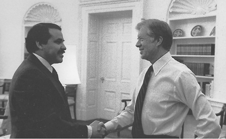 Tony Mendez shaking hands with President Jimmy Carter in the Oval Office, 1980