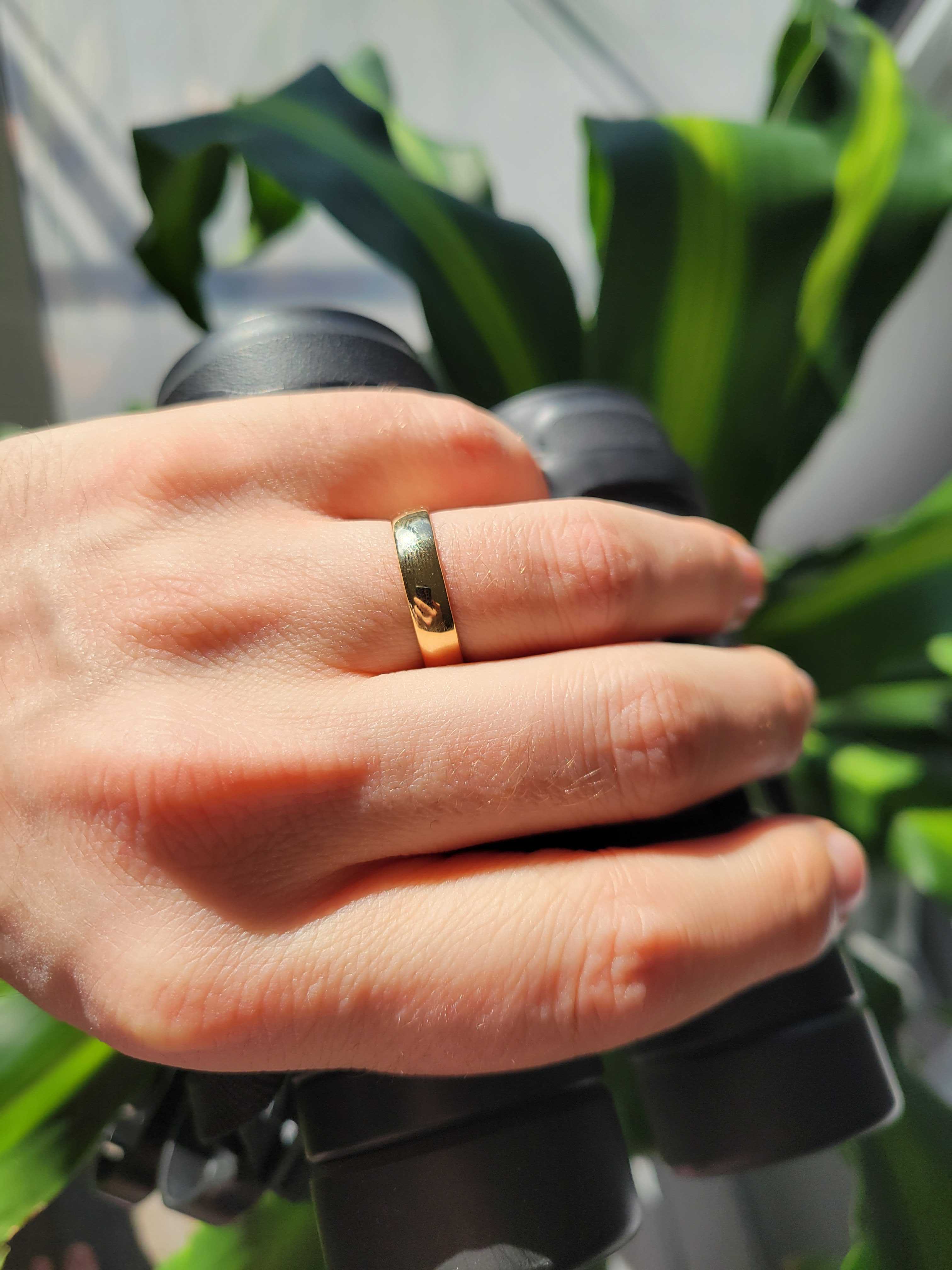 A yellow-gold wedding band on the ring finger of a hand resting on a camera tripod under a sunlit potted palm, 2020