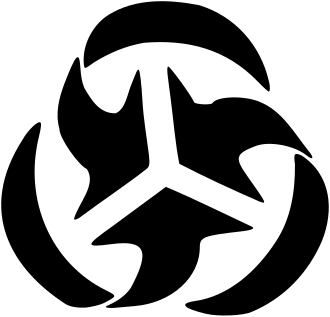 The Trilateral Commission emblem, three interlocking arrows sweeping around a central hub in black on white, 1973